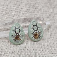 Honey Bee Drop Artisan Ceramic Cabochons, Mint Gray Brown, one piece
