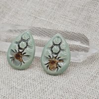 Honey Bee Drop Artisan Ceramic Cabochons, Mint Gray Brown, one piece