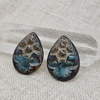 Honey Bee Drop Artisan Ceramic Cabochons, Teal Dark Travertine, one piece