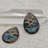 Honey Bee Drop Artisan Ceramic Cabochons, Teal Dark Travertine, one piece