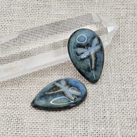 Dragonfly Drop Artisan Ceramic Cabochons, Blue Travertine, one piece