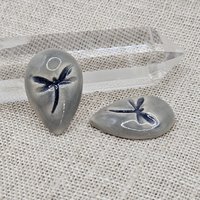 Dragonfly Drop Artisan Ceramic Cabochons, Blue Gray, one piece