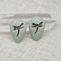 Dragonfly Drop Artisan Ceramic Cabochons, Green Brown, one piece