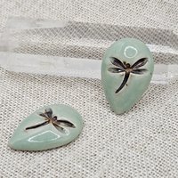 Dragonfly Drop Artisan Ceramic Cabochons, Green Brown, one piece