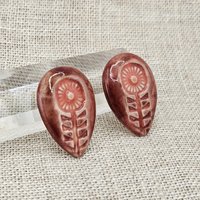 Flower Drop Artisan Ceramic Cabochons, Pink/Old Rose, one piece