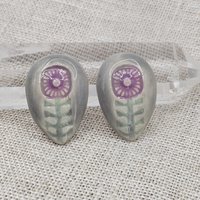 Flower Drop Artisan Ceramic Cabochons, Purple and Gray, one piece