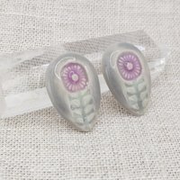 Flower Drop Artisan Ceramic Cabochons, Purple and Gray, one piece