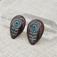 Flower Drop Artisan Ceramic Cabochons, Teal and Smokey Merlot, one piece