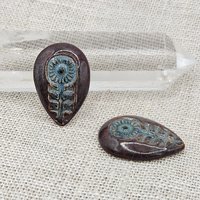 Flower Drop Artisan Ceramic Cabochons, Teal and Smokey Merlot, one piece