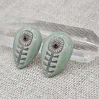 Flower Drop Artisan Ceramic Cabochons, Light Green and Gray, one piece