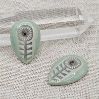 Flower Drop Artisan Ceramic Cabochons, Light Green and Gray, one piece