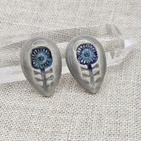 Flower Drop Artisan Ceramic Cabochons, Blue Gray, one piece