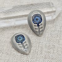 Flower Drop Artisan Ceramic Cabochons, Blue Gray, one piece