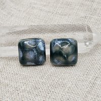 Square Artisan Ceramic Cabochons, 18x18mm, Deep Malachite Green with Blueish Clouds, one piece