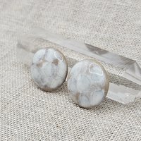 Round Artisan Ceramic Cabochons, Beige Opal White Dots, one piece