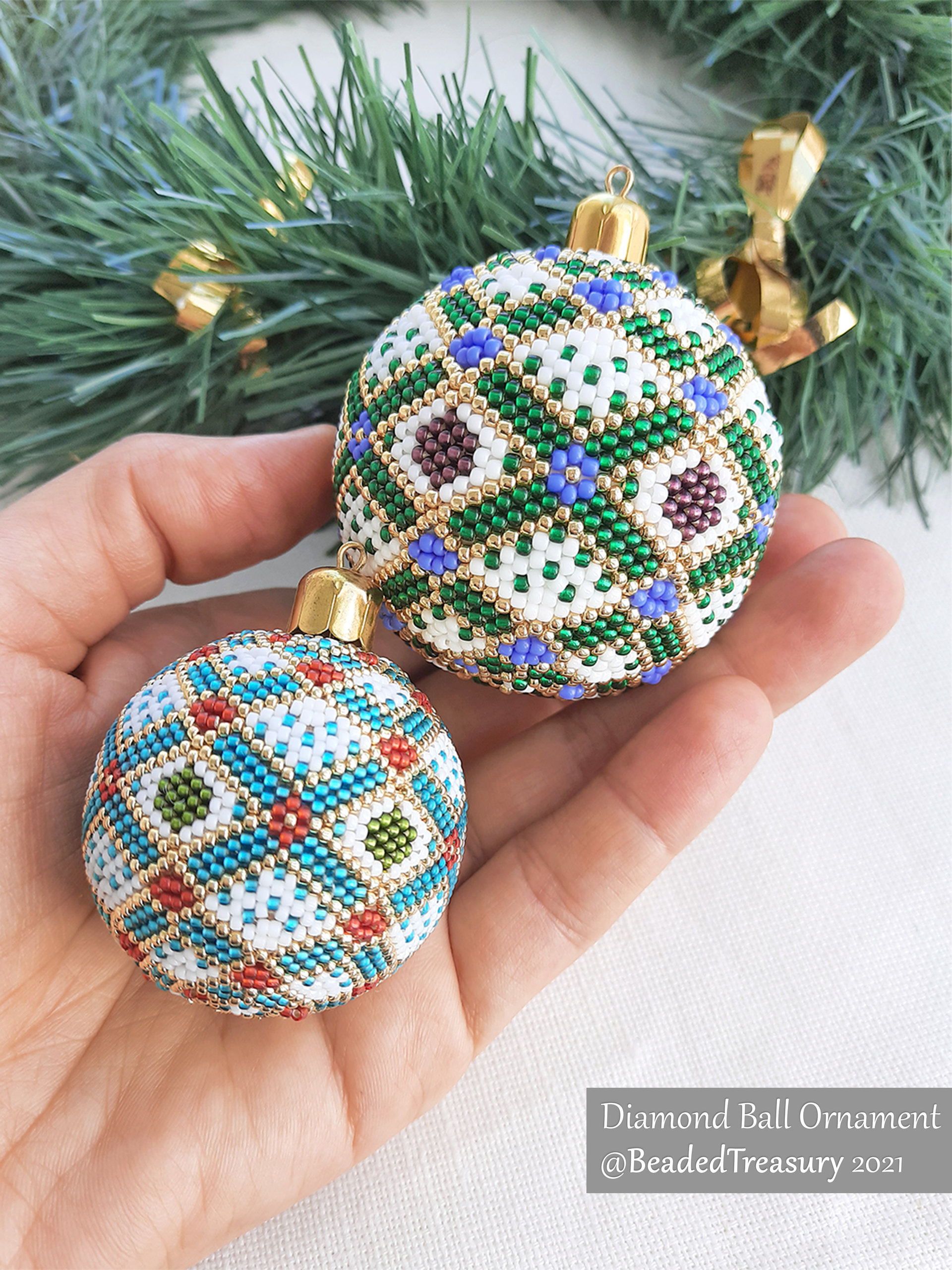 DIAMOND BALL Peyote Stitch Pattern - Beaded Christmas Ornament Instructions - Instant Pdf Download