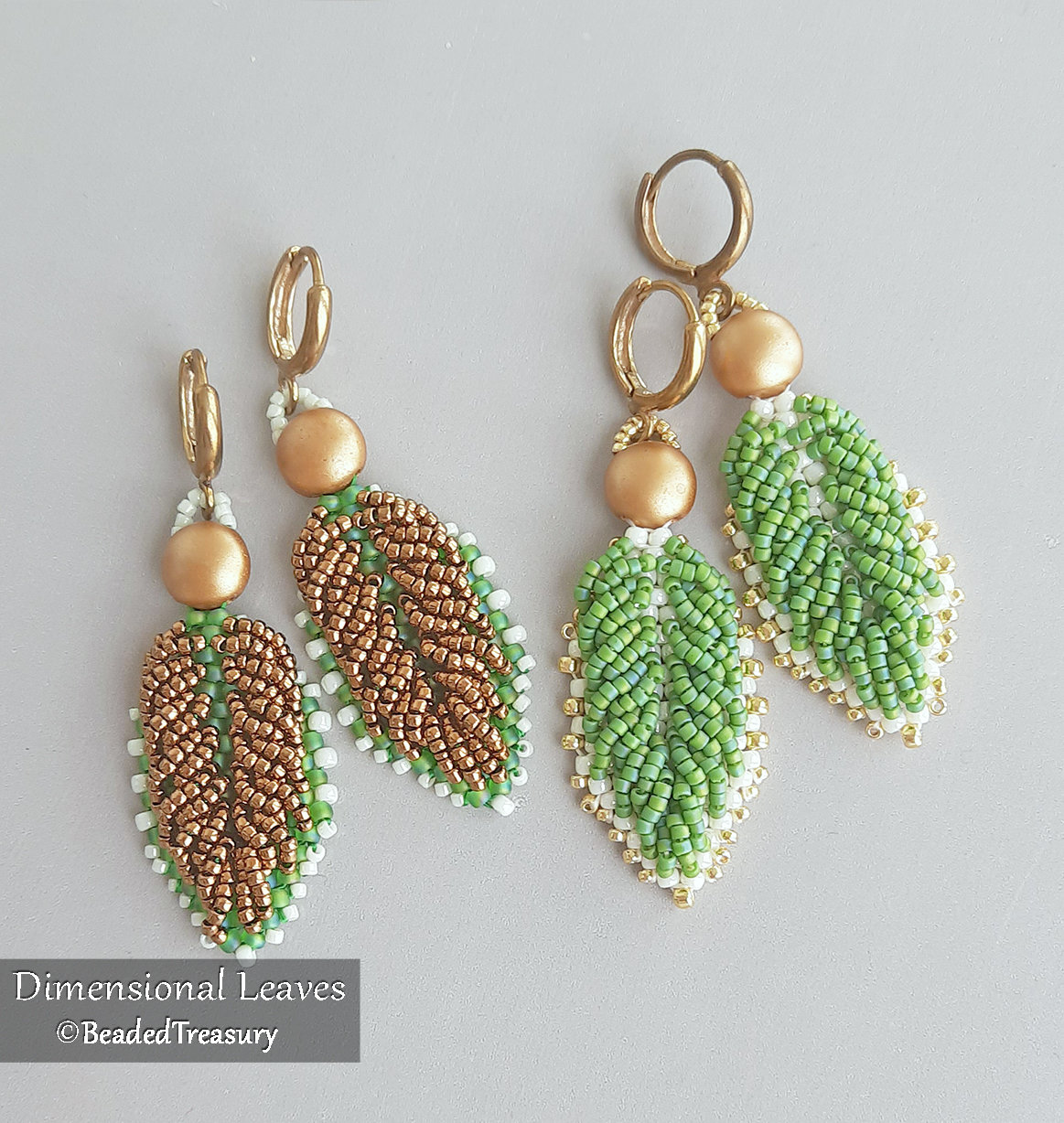 DIMENSIONAL LEAVES Earrings - Beading Pattern - Beaded earrings made with Seed beads and 2-hole Candy beads - Instant PDF Download