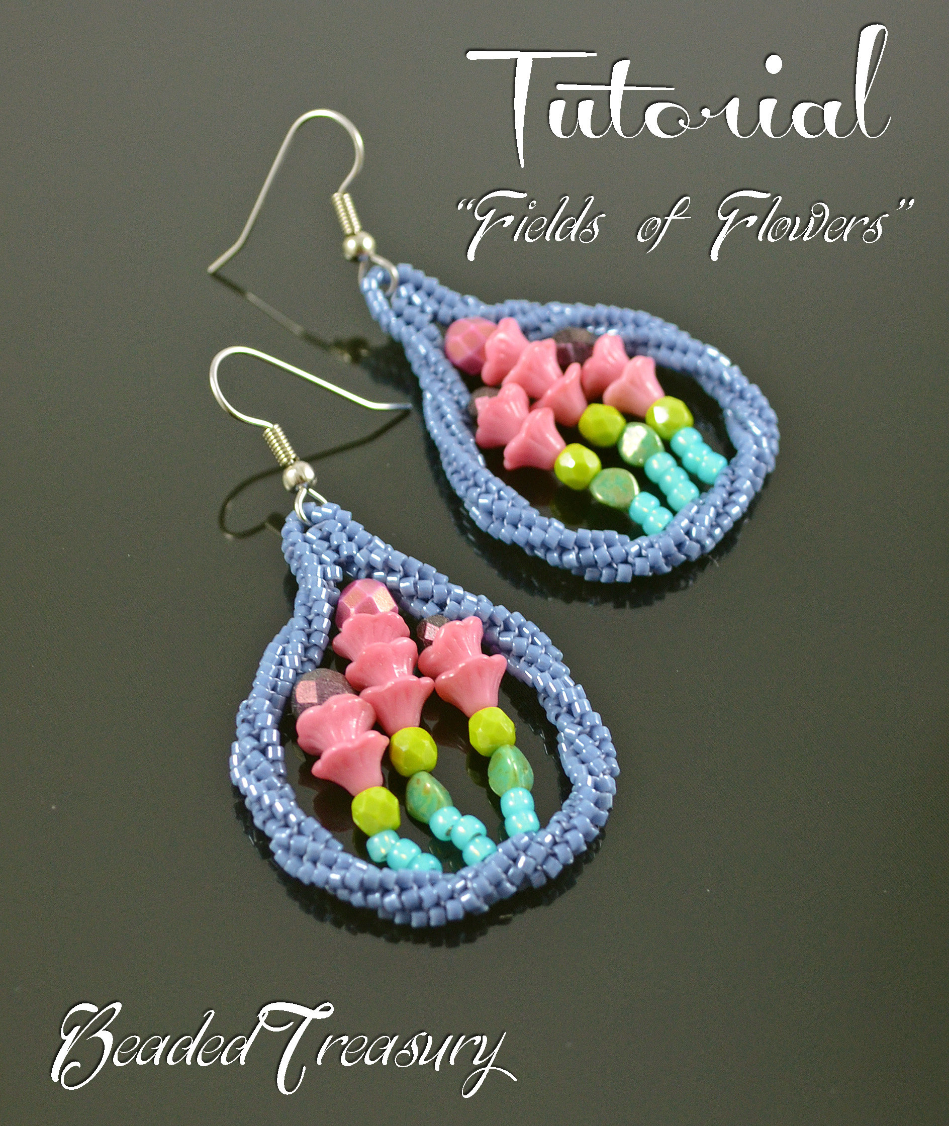 FIELDS OF FLOWERS Beading pattern Beaded earrings tutorial with Delica seed beads Flower cup Fire polished Pinch beads - Tutorial Only