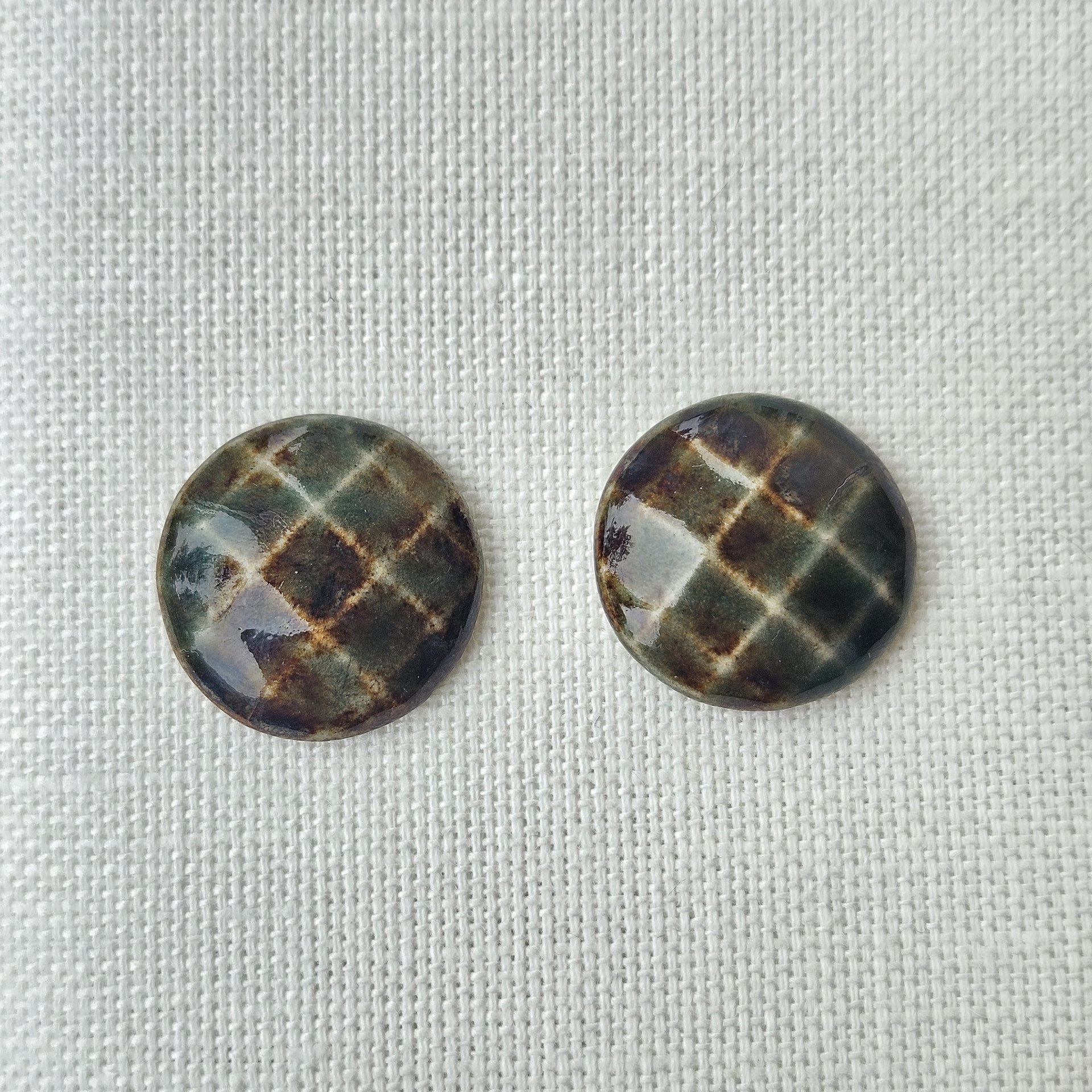 Round Faceted Artisan Ceramic Cabochons, Woody Forest, one pair