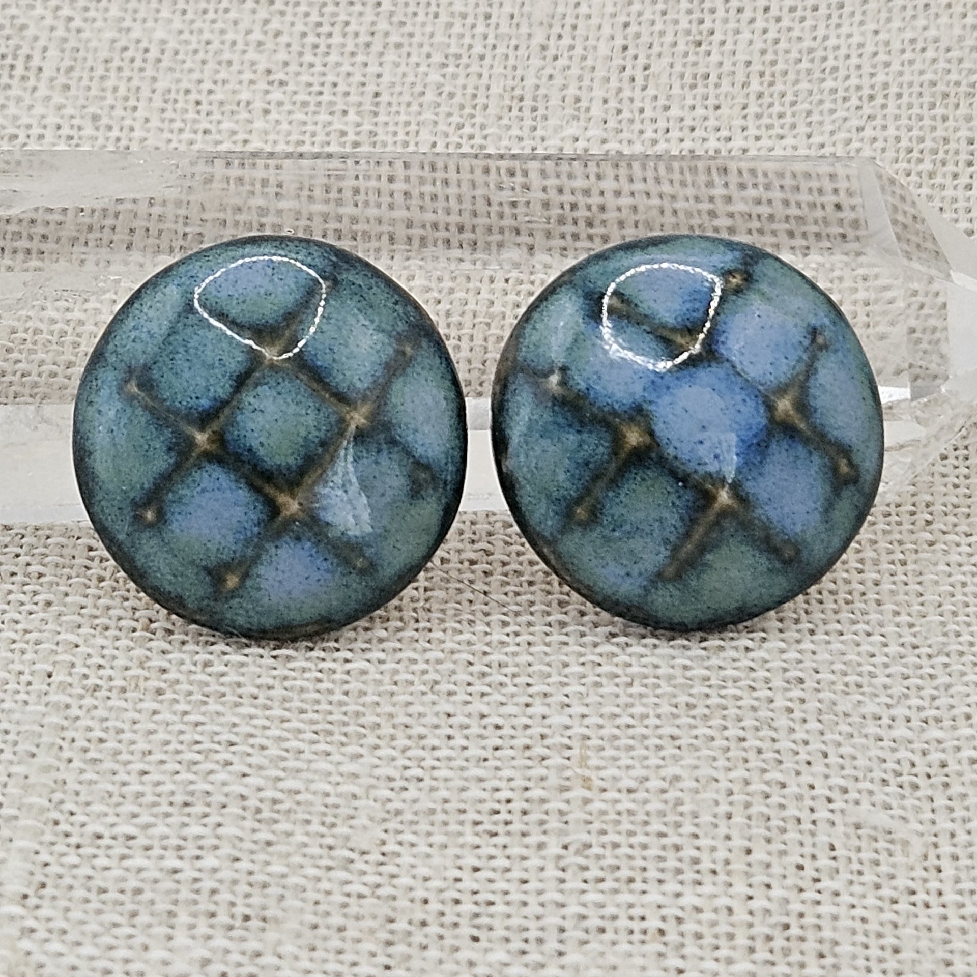 Round Faceted Artisan Ceramic Cabochons, Blue Green Travertine, one piece