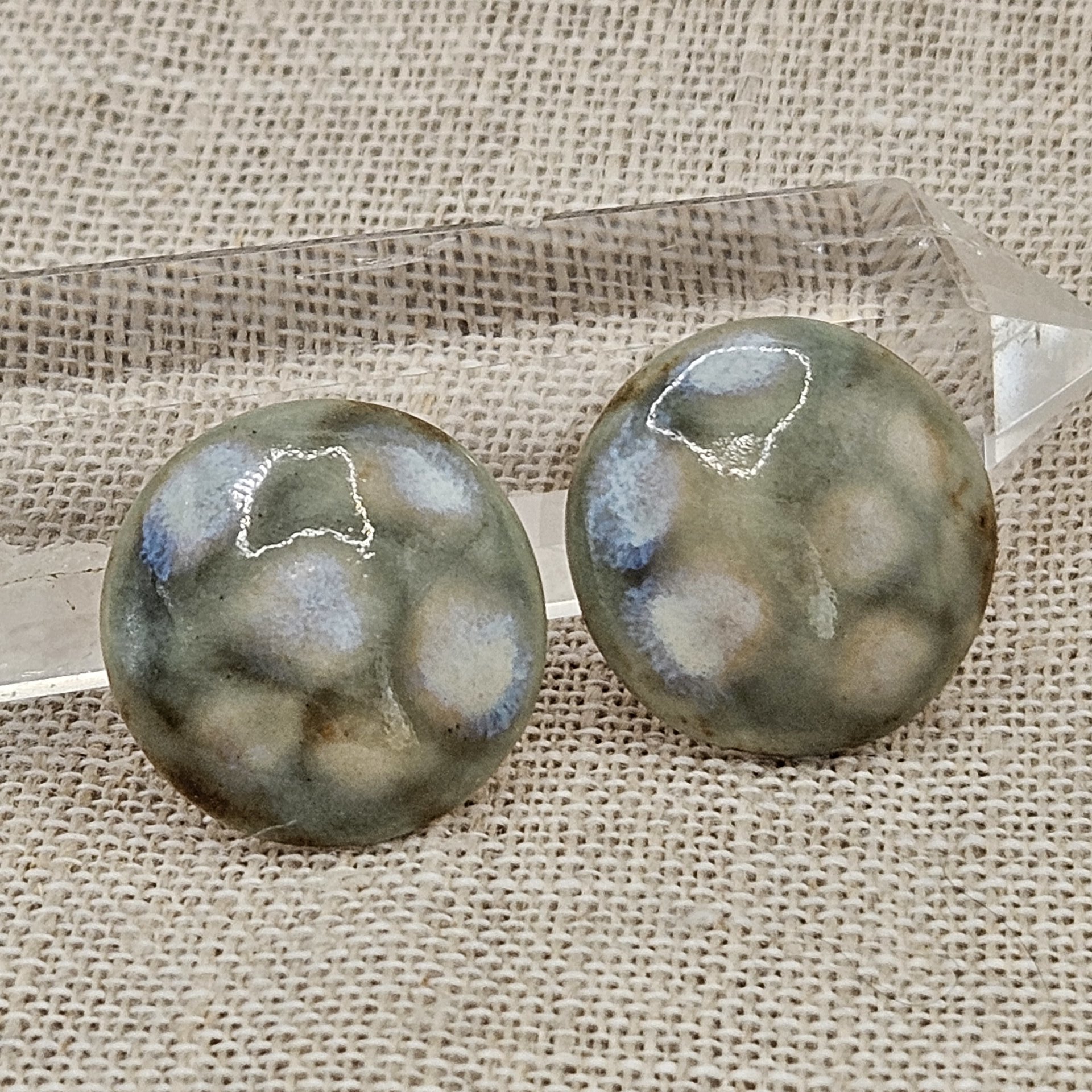 Round Artisan Ceramic Cabochons, Brownish Mint Opal Dots, one piece