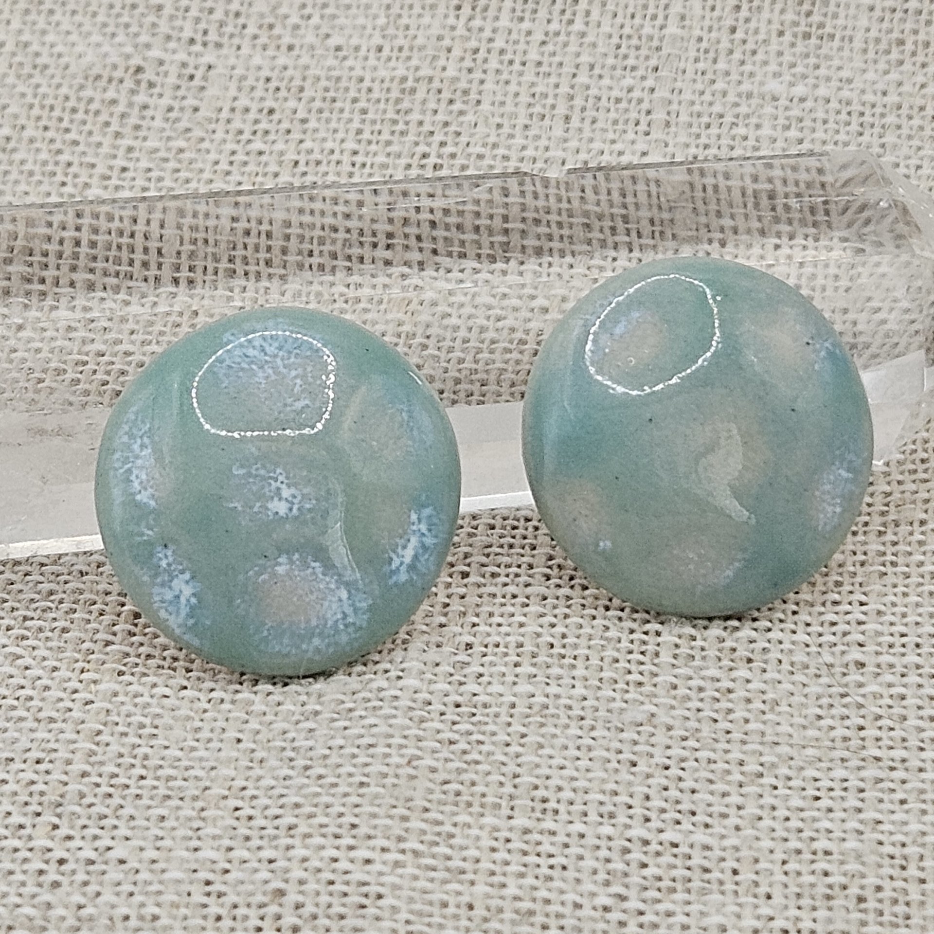 Round Artisan Ceramic Cabochons, Mint Opal Dots, one piece