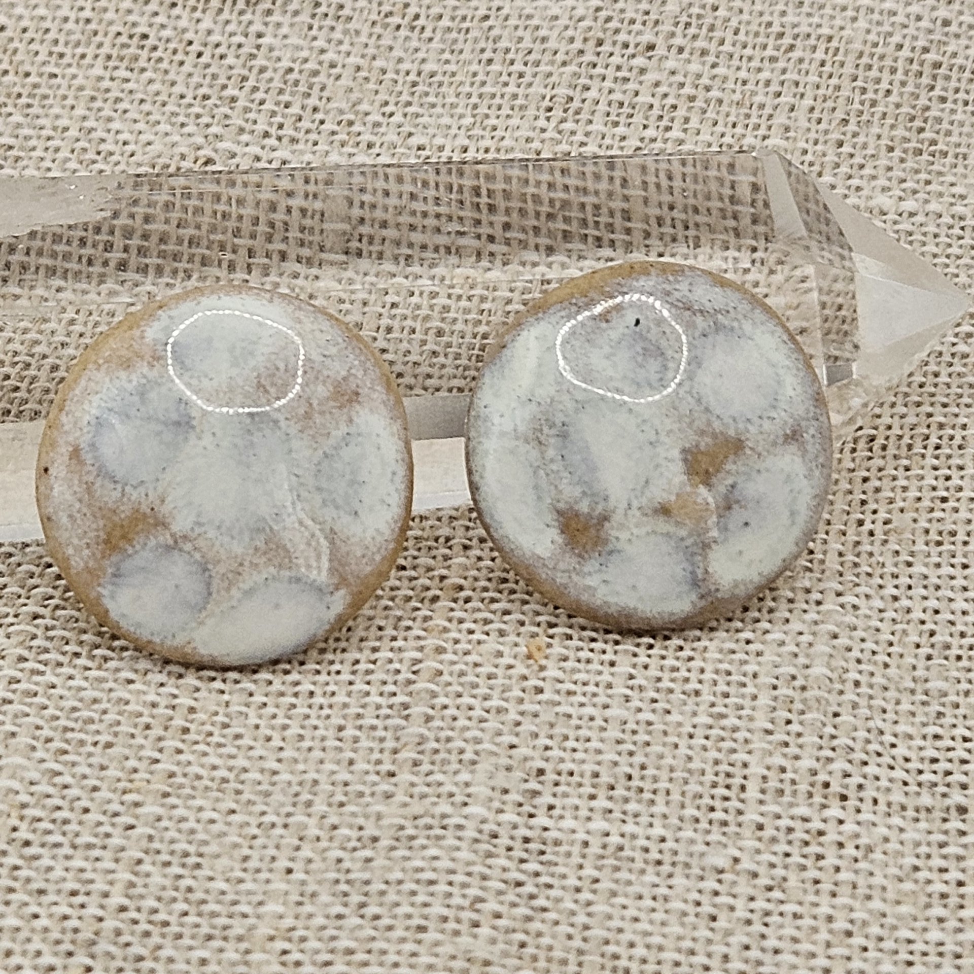 Round Artisan Ceramic Cabochons, Beige Opal White Dots, one piece