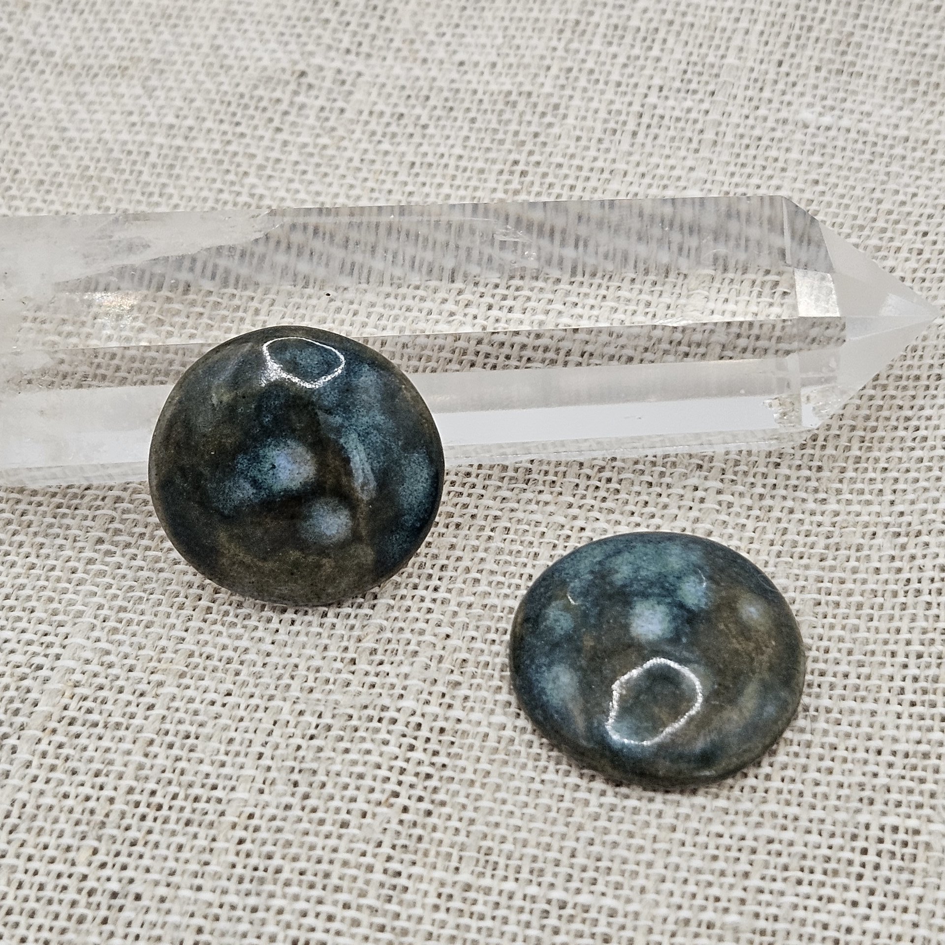 Round Artisan Ceramic Cabochons, Teal Travertine, one piece