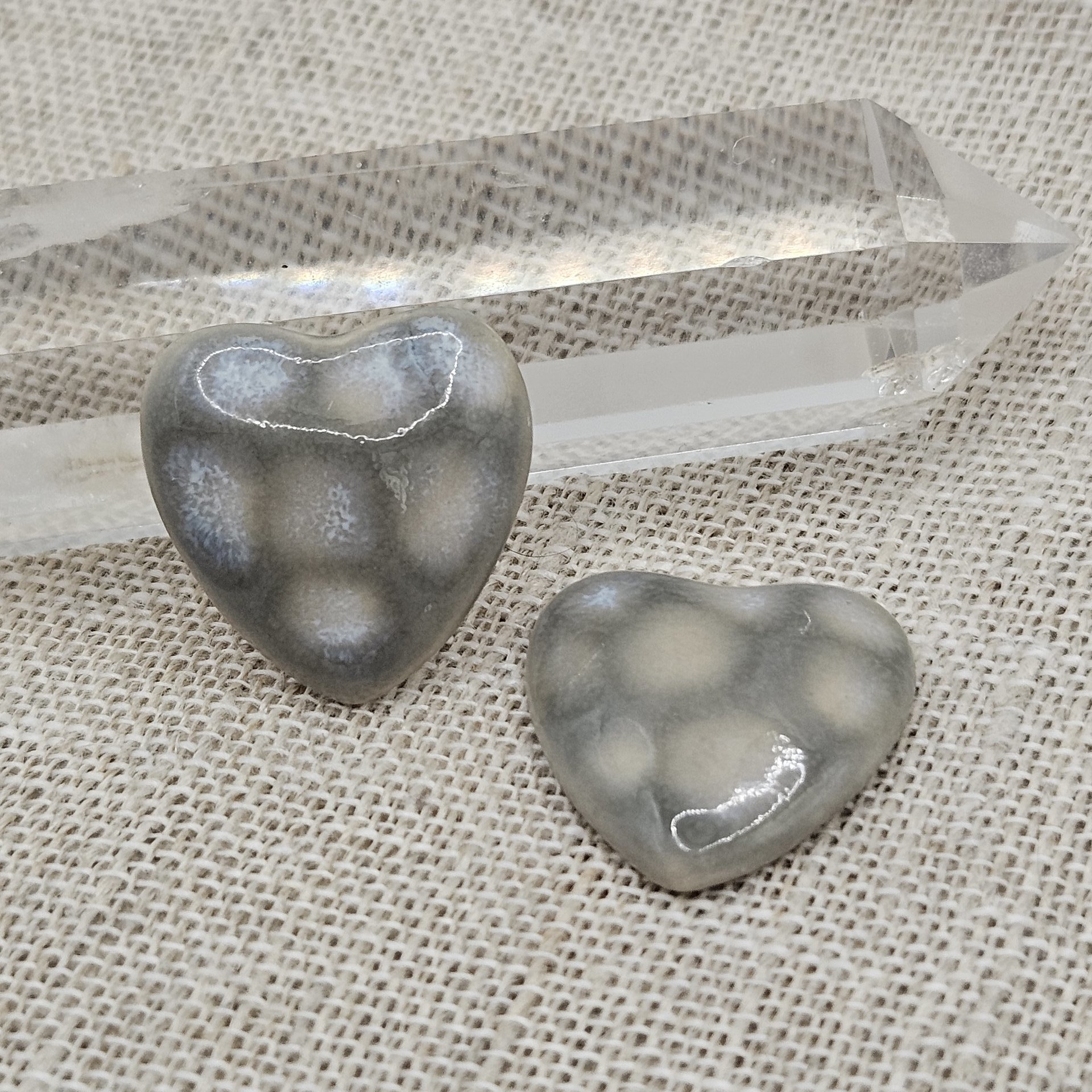 Heart Artisan Ceramic Cabochons, Gray Opal Dots, one piece