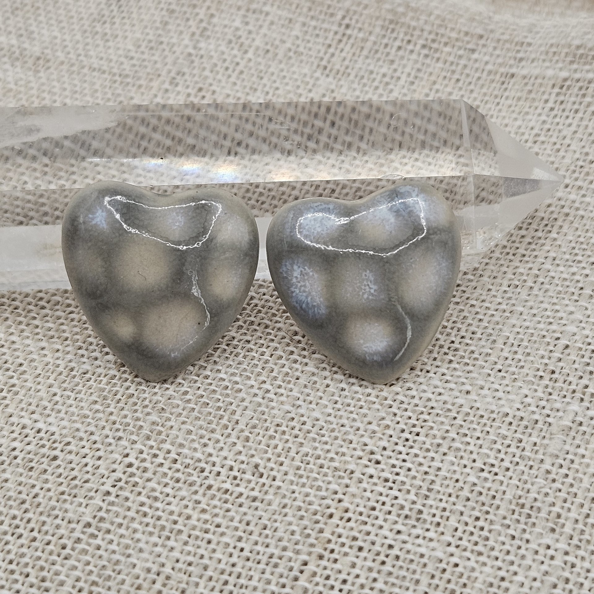 Heart Artisan Ceramic Cabochons, Gray Opal Dots, one piece