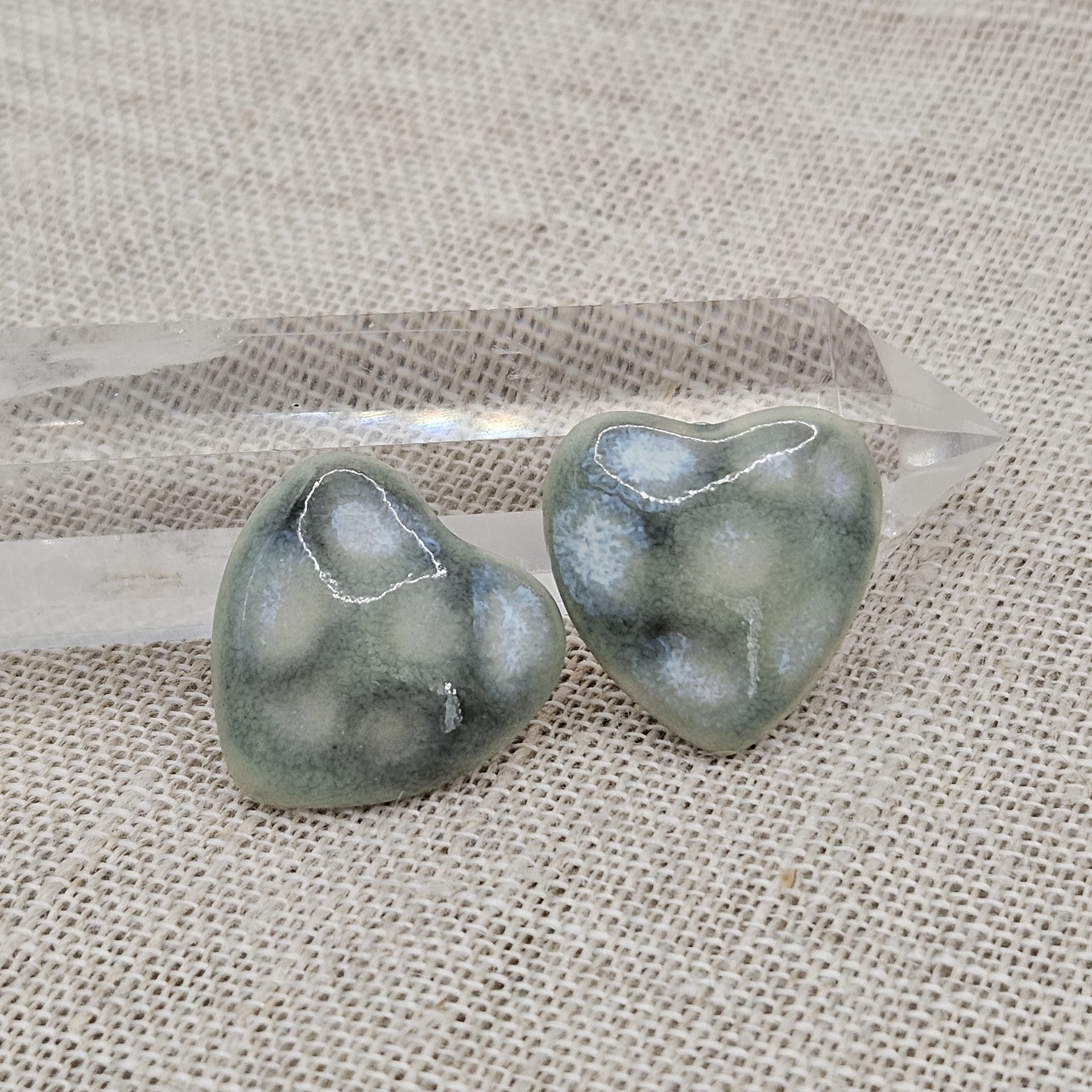 Heart Artisan Ceramic Cabochons, Grayish Mint Opal Dots, one piece