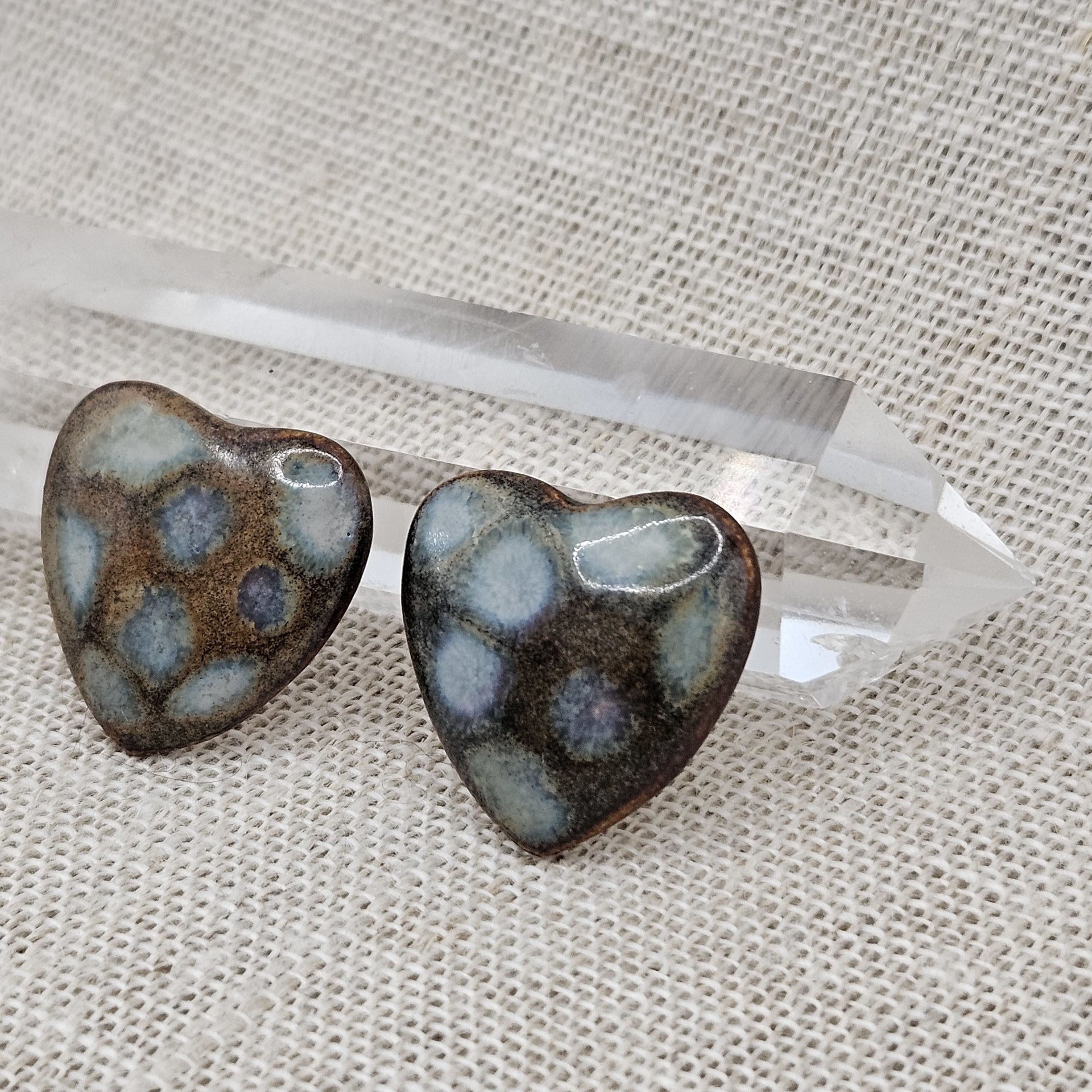 Heart Artisan Ceramic Cabochons, Brown Opal Dots, one piece