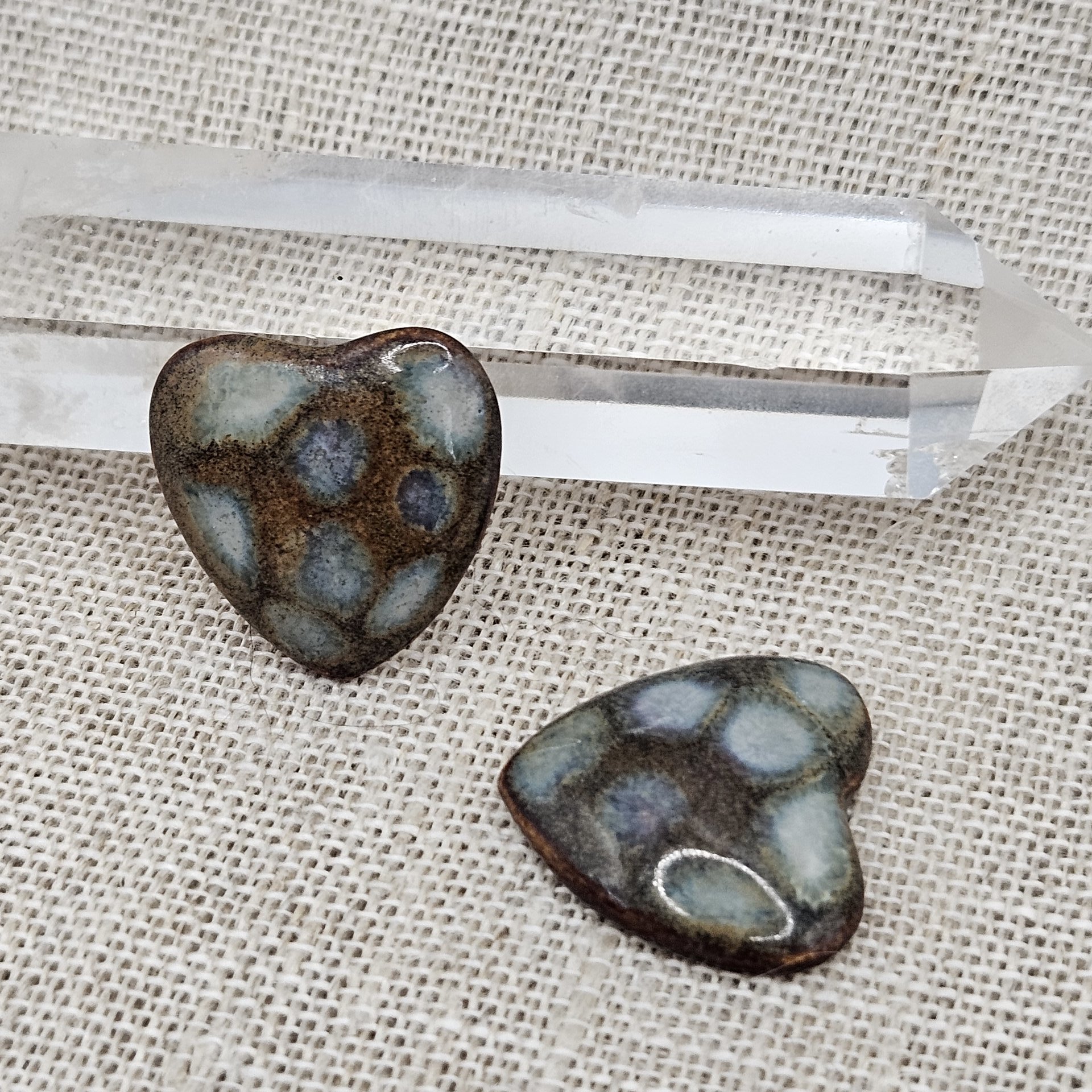 Heart Artisan Ceramic Cabochons, Brown Opal Dots, one piece