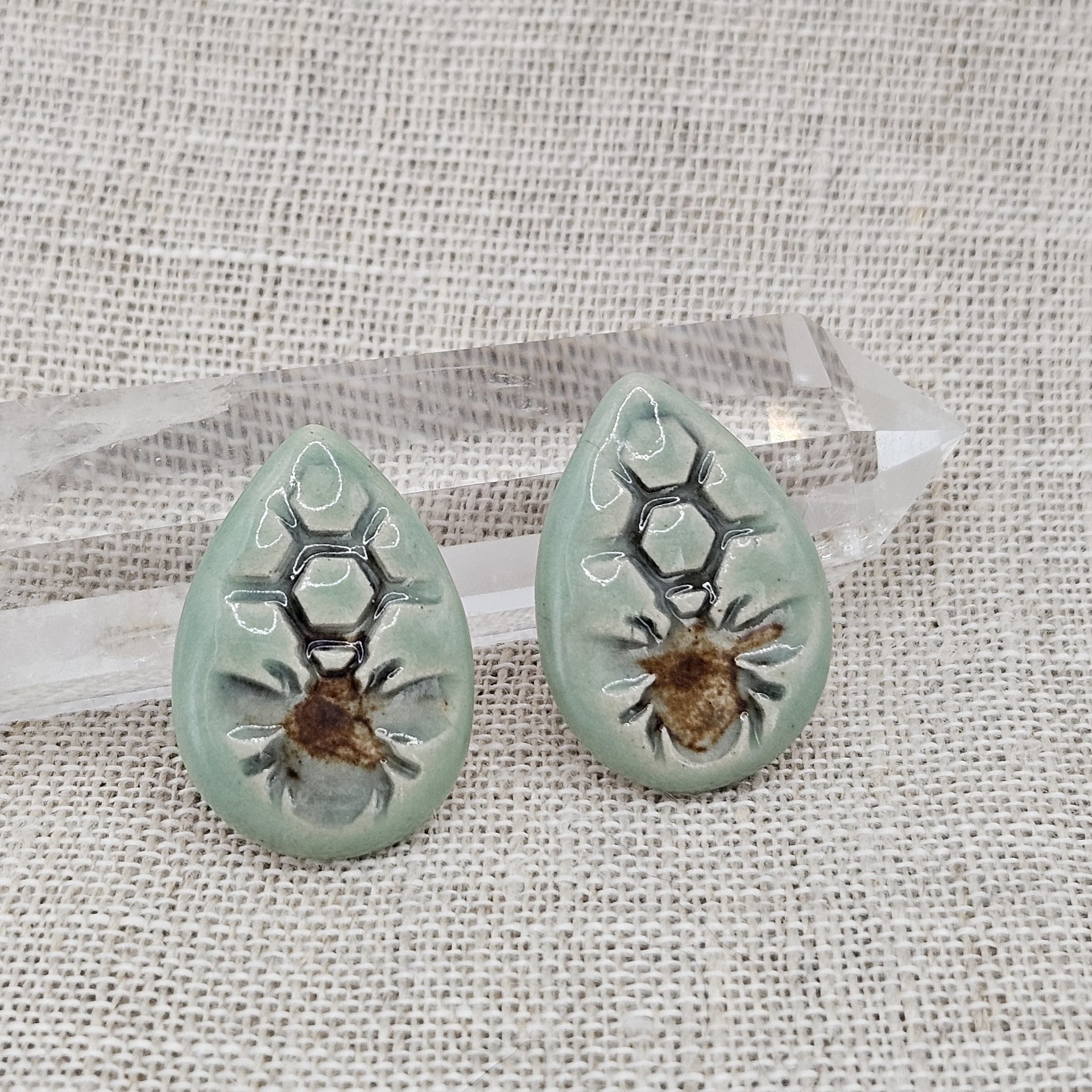 Honey Bee Drop Artisan Ceramic Cabochons, Mint Gray Brown, one piece