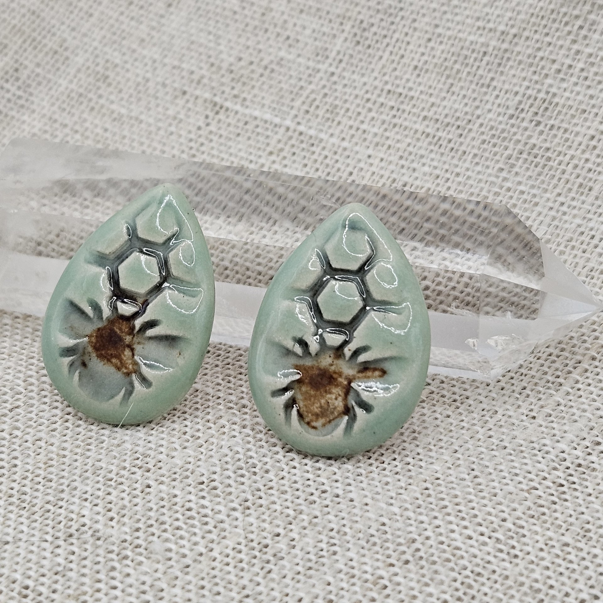 Honey Bee Drop Artisan Ceramic Cabochons, Mint Gray Brown, one piece