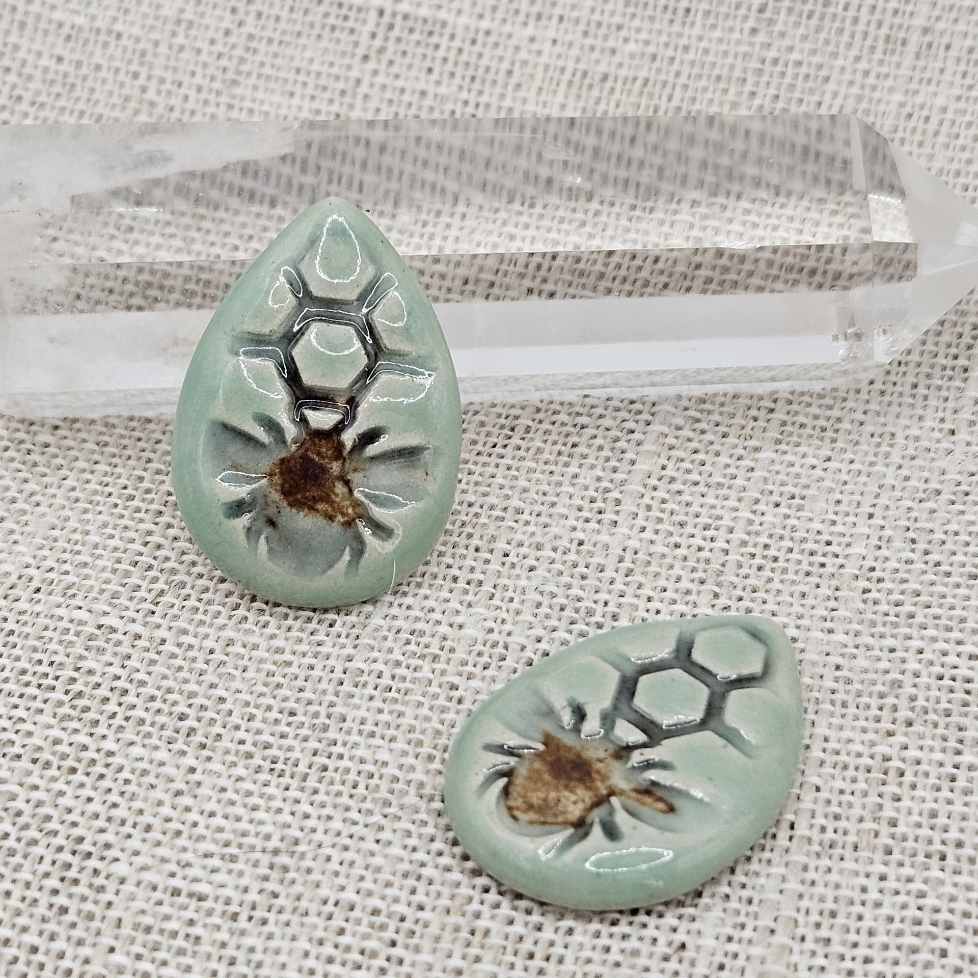 Honey Bee Drop Artisan Ceramic Cabochons, Mint Gray Brown, one piece