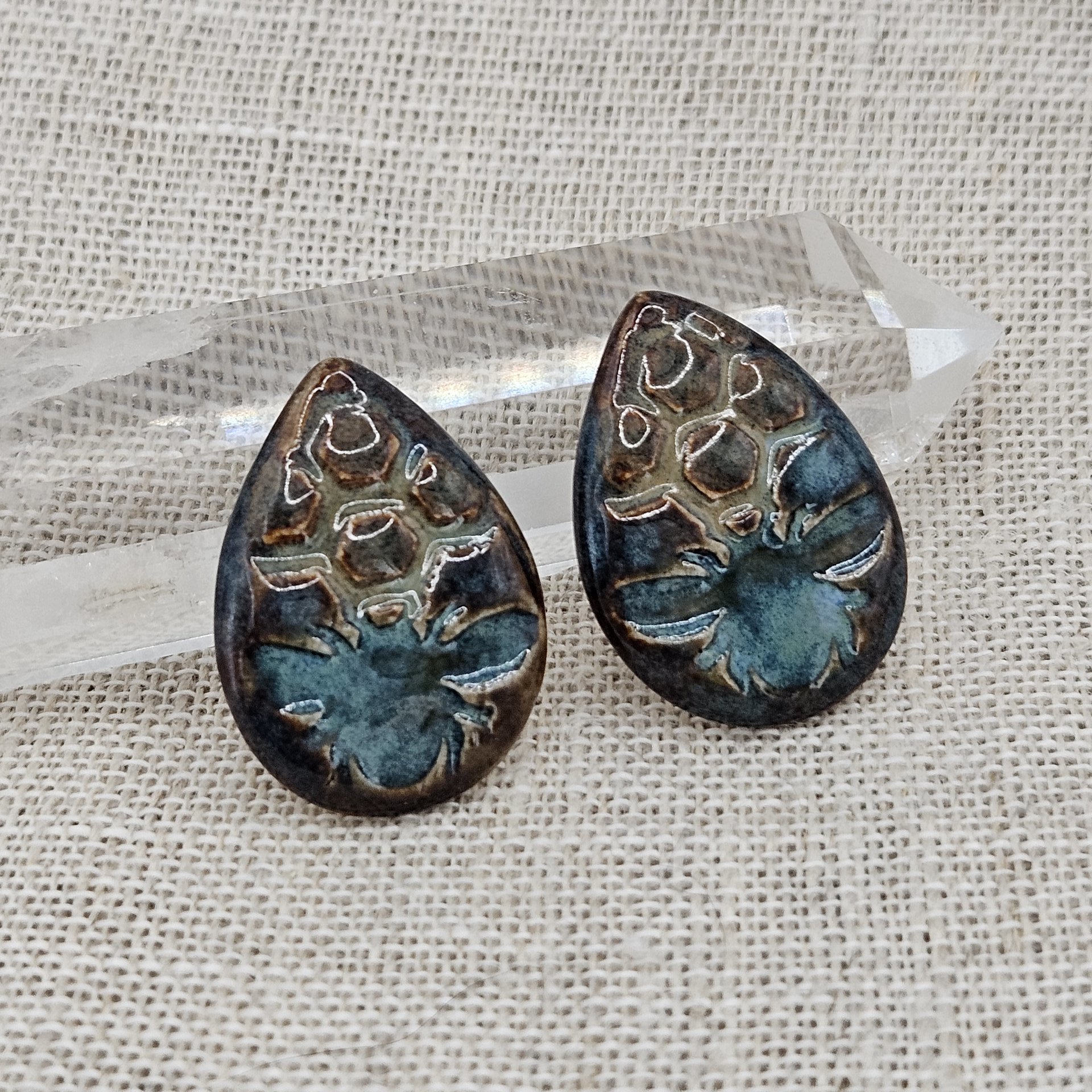 Honey Bee Drop Artisan Ceramic Cabochons, Teal Dark Travertine, one piece