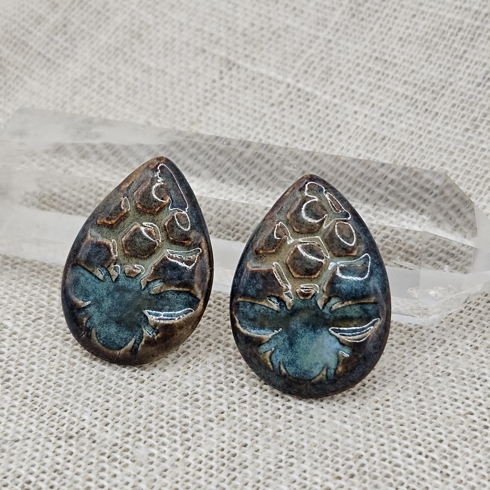 Honey Bee Drop Artisan Ceramic Cabochons, Teal Dark Travertine, one piece
