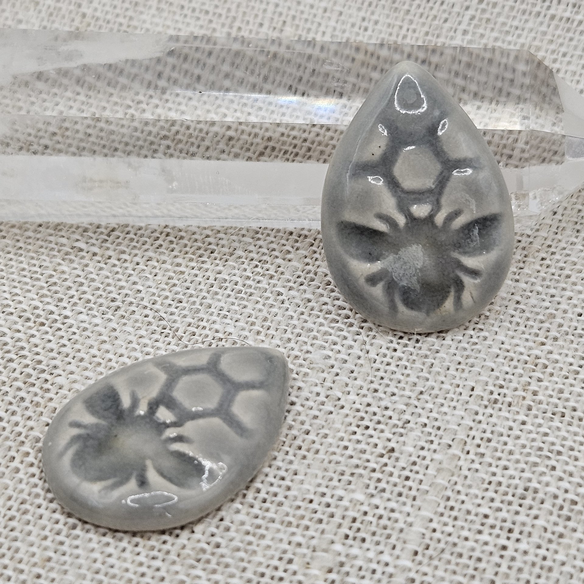 Honey Bee Drop Artisan Ceramic Cabochons, Pastel Gray, one piece