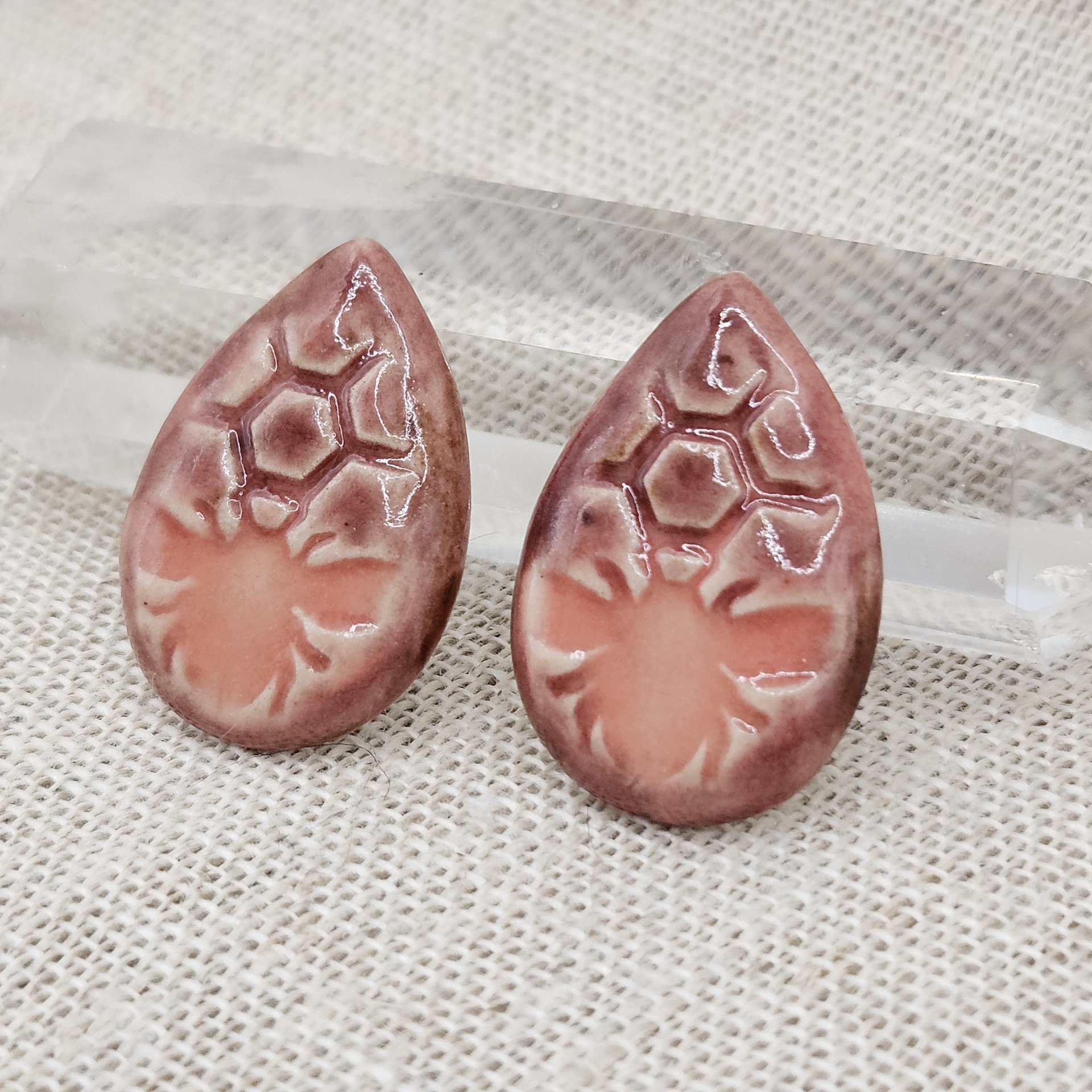 Honey Bee Drop Artisan Ceramic Cabochons, Pink / Brownish Rose, one piece