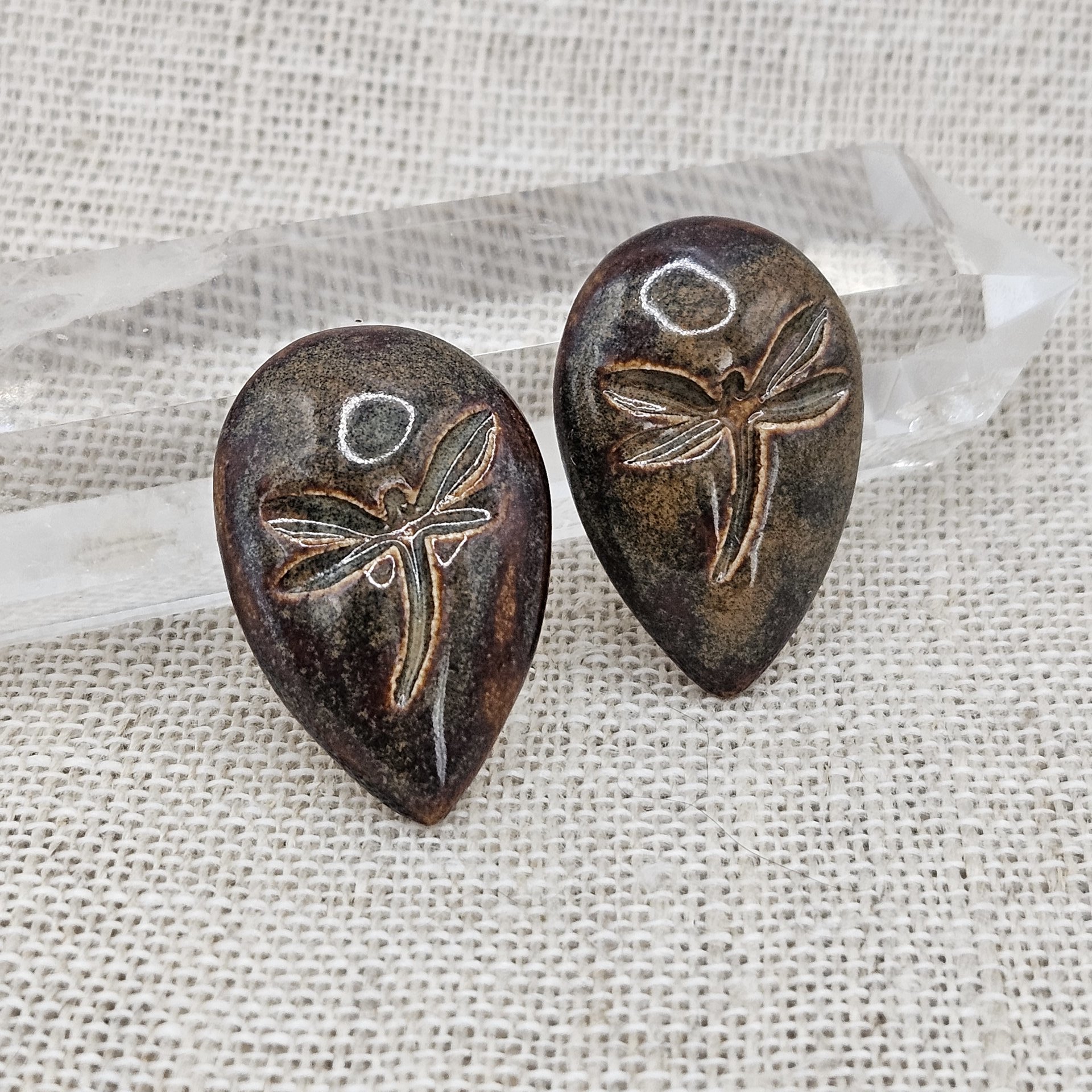 Dragonfly Drop Artisan Ceramic Cabochons, Brown Travertine, one piece