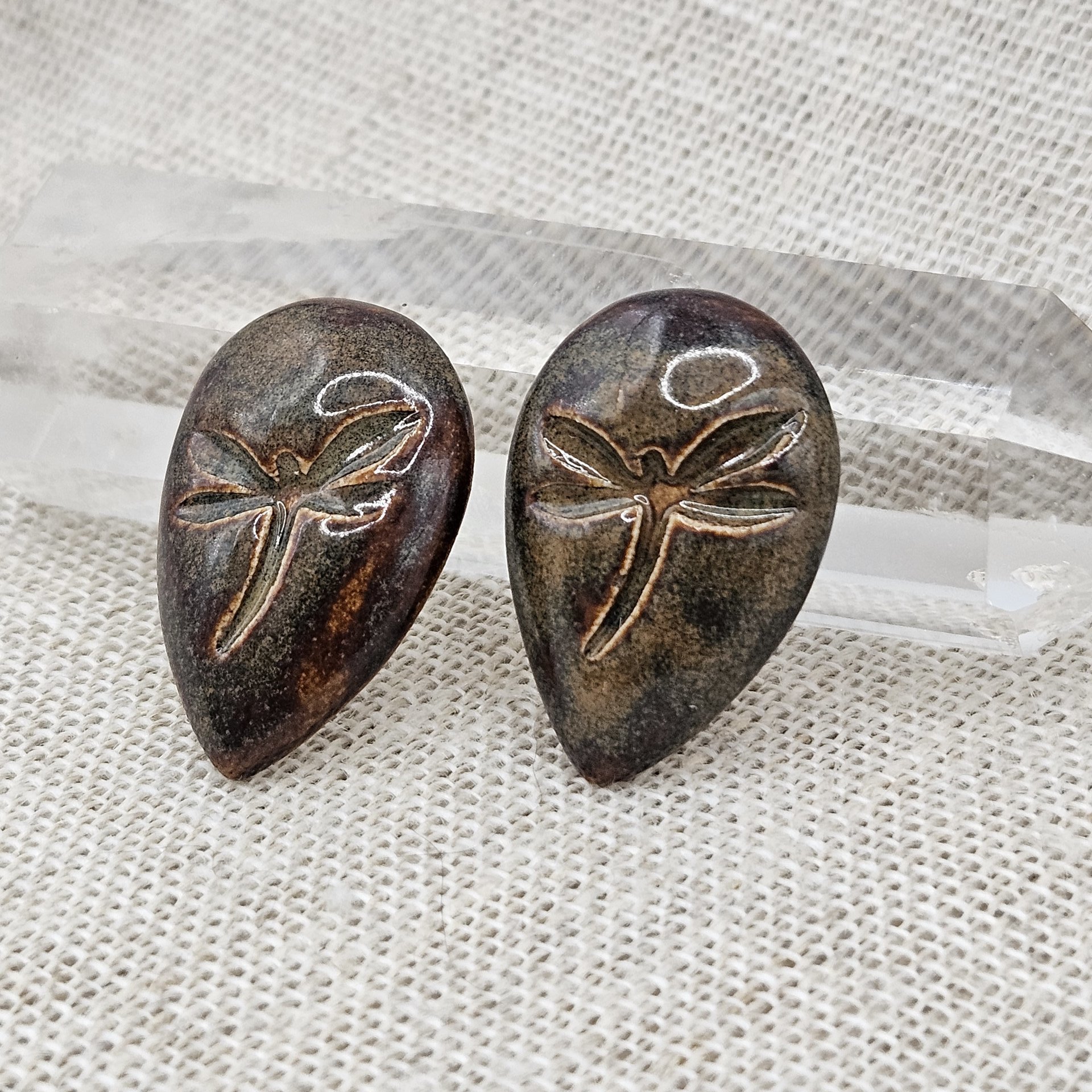 Dragonfly Drop Artisan Ceramic Cabochons, Brown Travertine, one piece