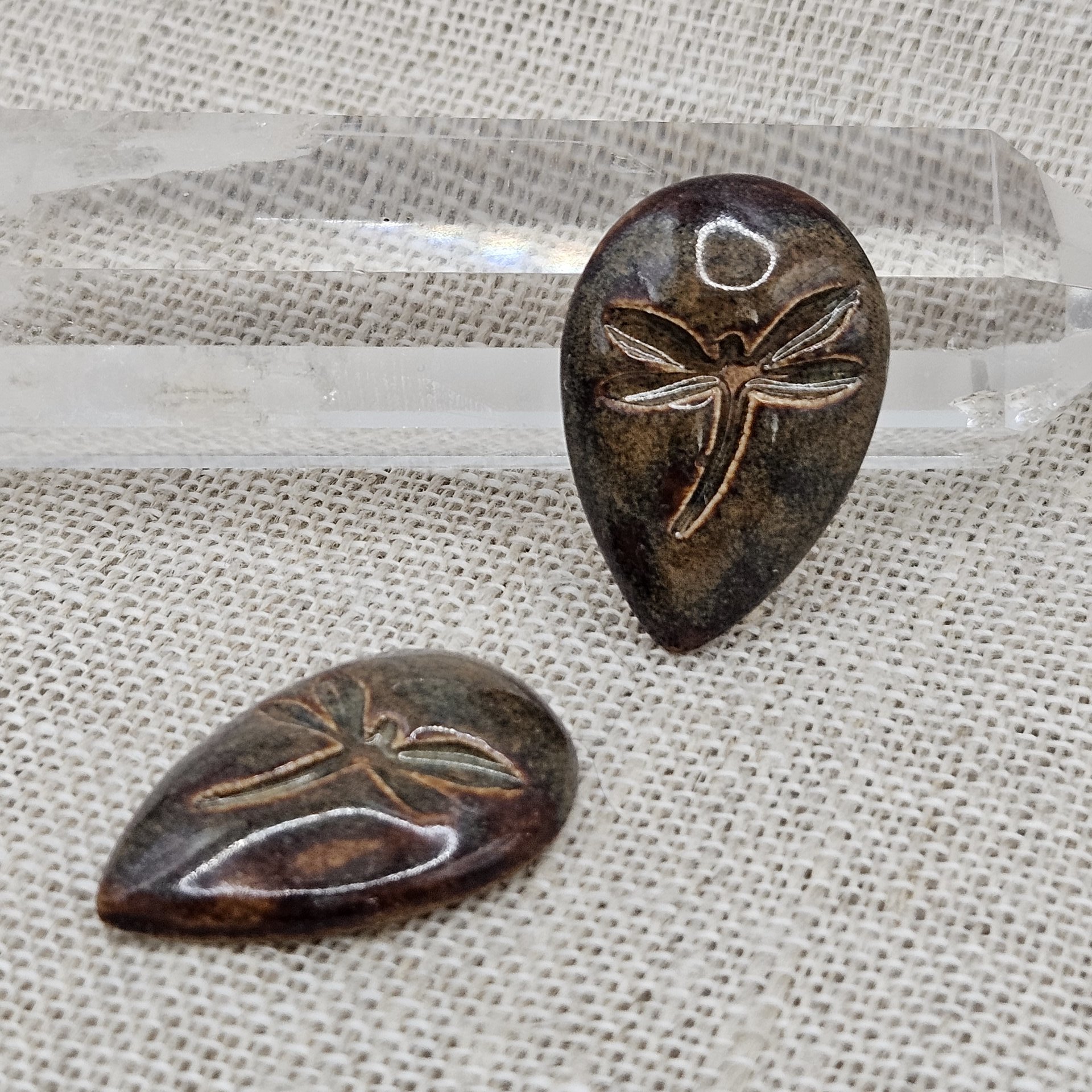 Dragonfly Drop Artisan Ceramic Cabochons, Brown Travertine, one piece