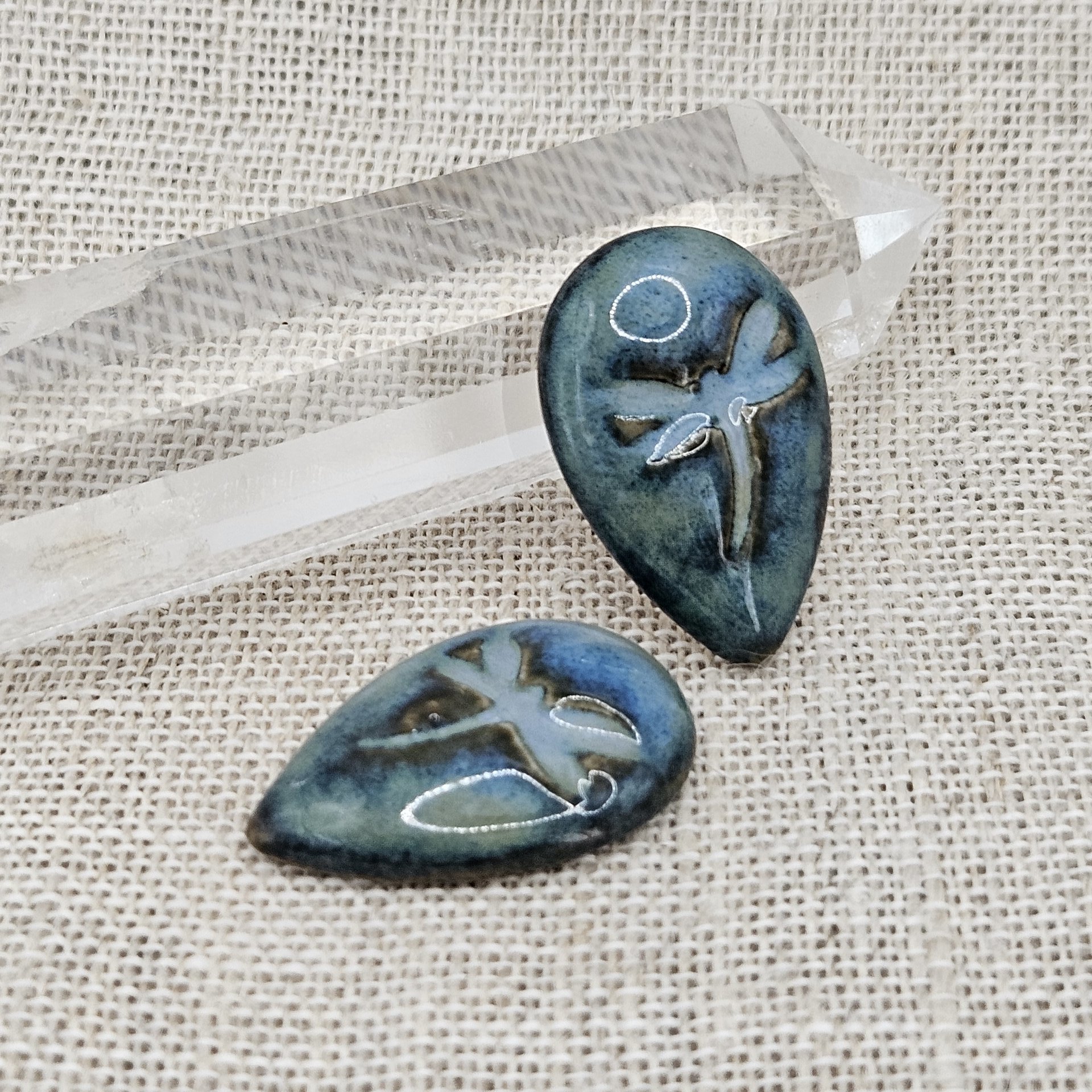 Dragonfly Drop Artisan Ceramic Cabochons, Blue Travertine, one piece