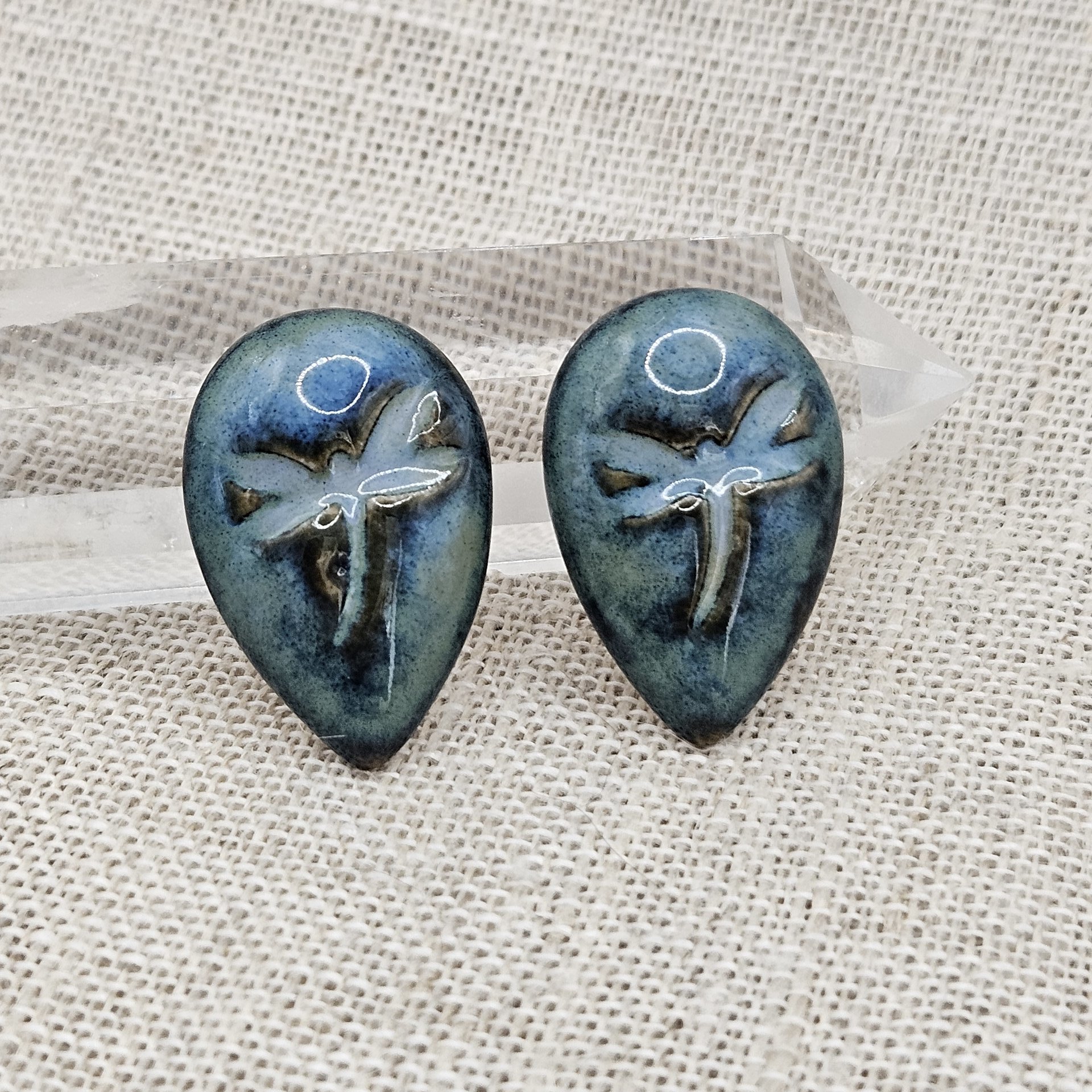 Dragonfly Drop Artisan Ceramic Cabochons, Blue Travertine, one piece