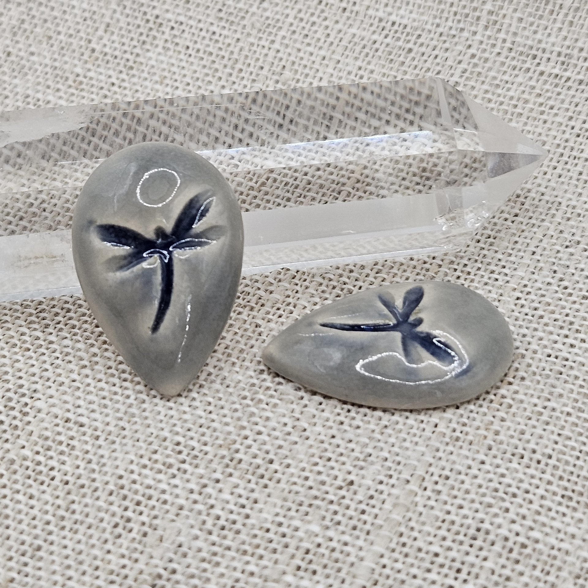Dragonfly Drop Artisan Ceramic Cabochons, Blue Gray, one piece