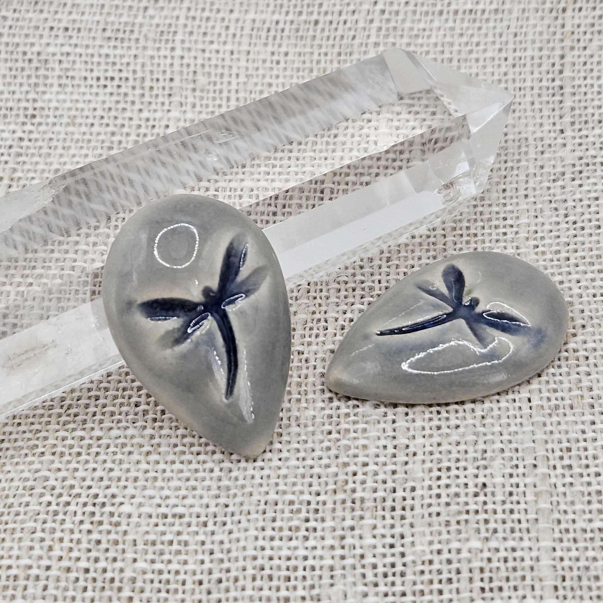 Dragonfly Drop Artisan Ceramic Cabochons, Blue Gray, one piece