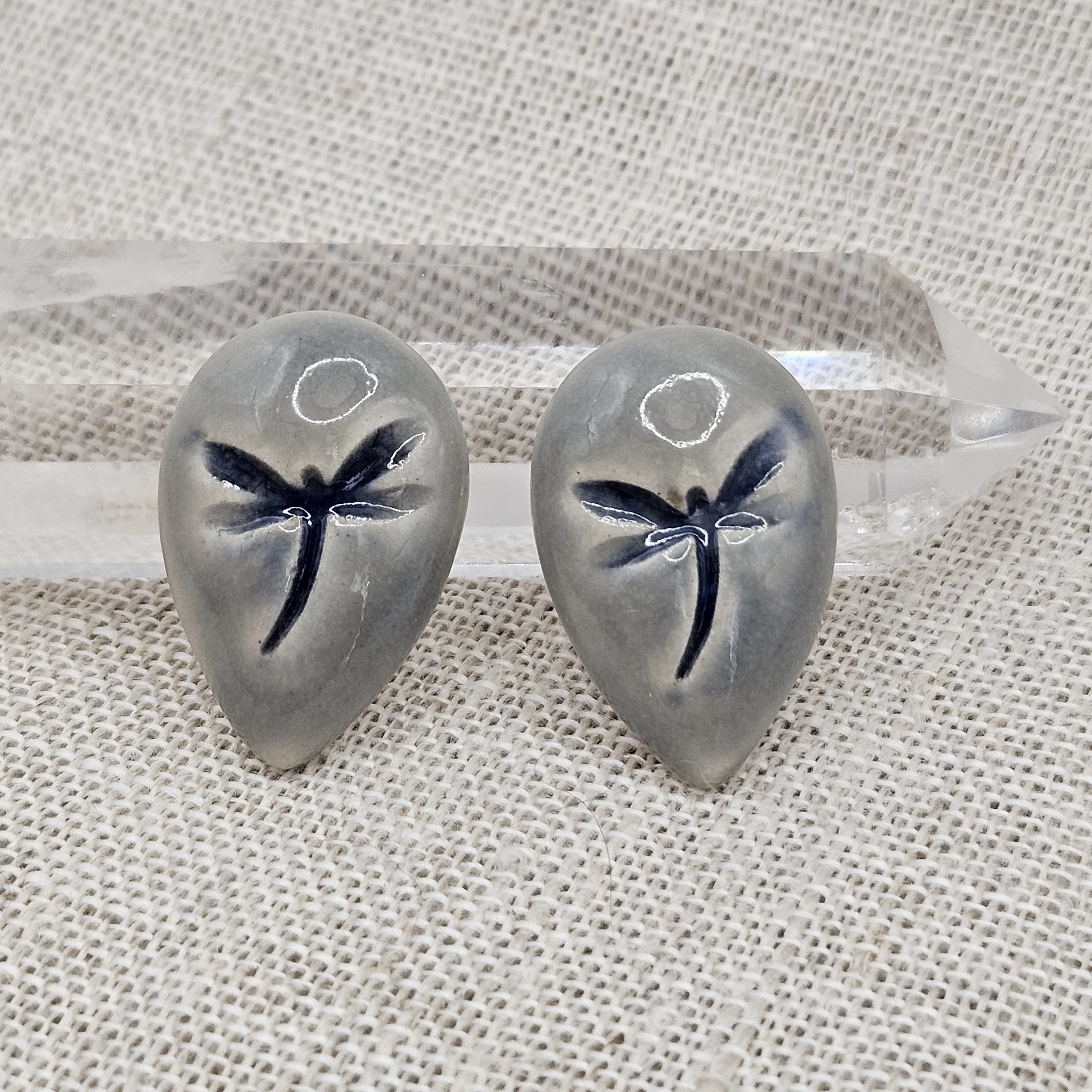 Dragonfly Drop Artisan Ceramic Cabochons, Blue Gray, one piece