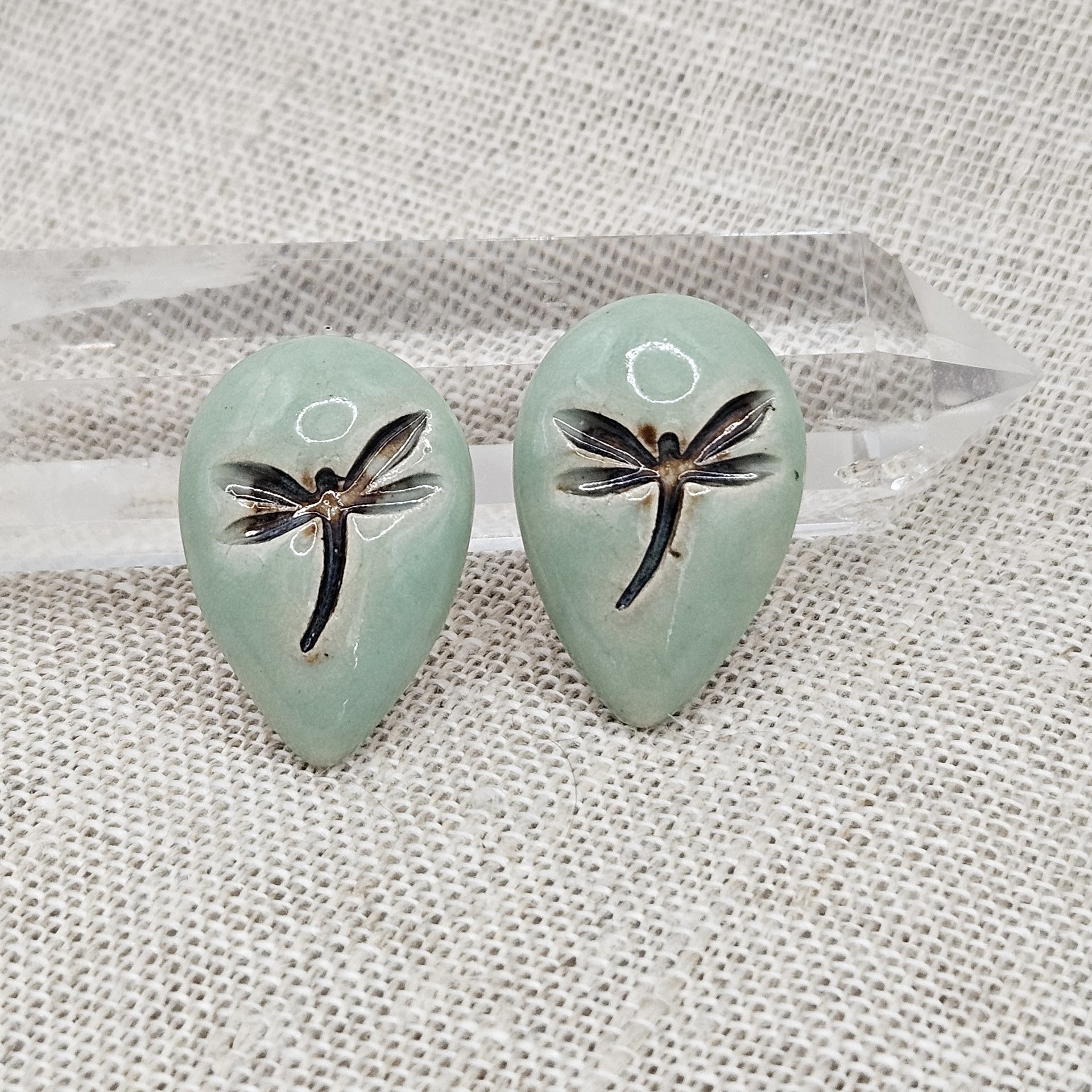 Dragonfly Drop Artisan Ceramic Cabochons, Green Brown, one piece