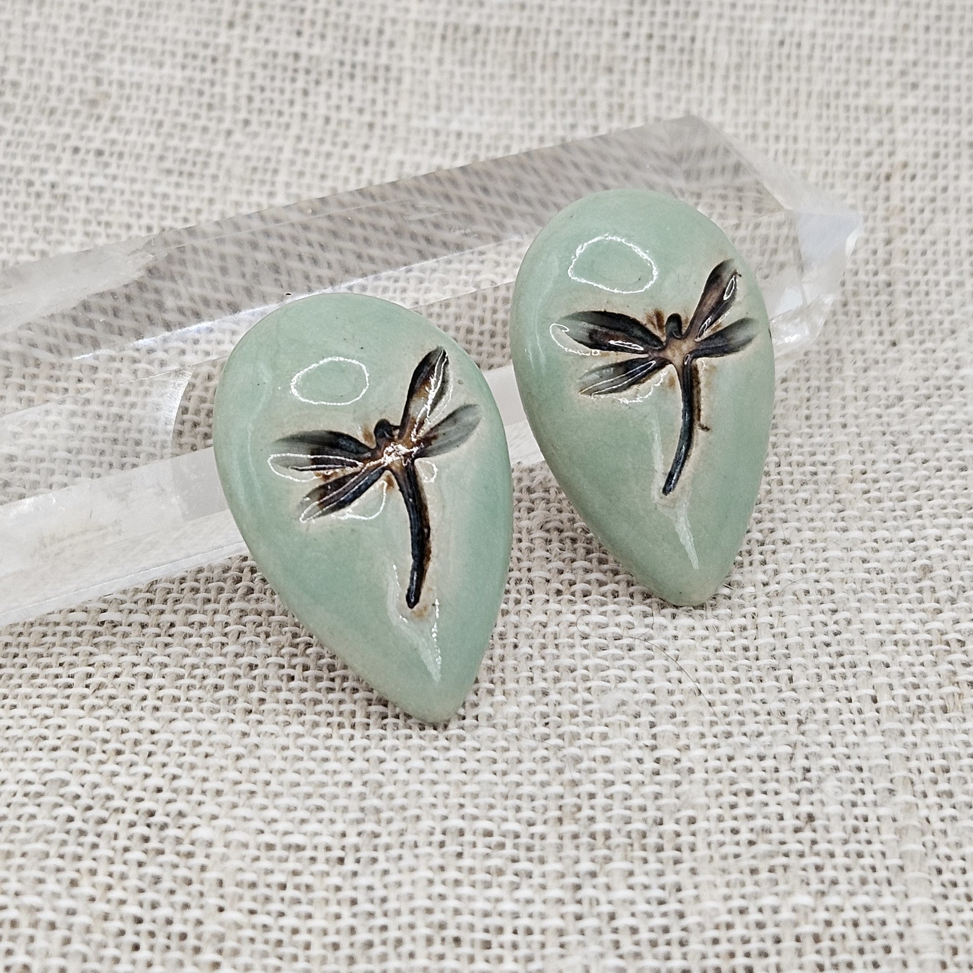 Dragonfly Drop Artisan Ceramic Cabochons, Green Brown, one piece